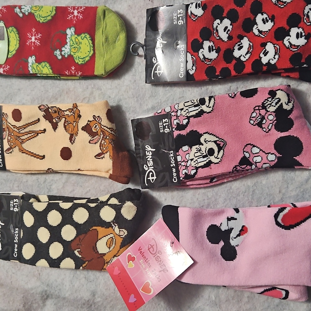 Minnie & Mockey mouse socks, Bambi, and the Grinch socks.